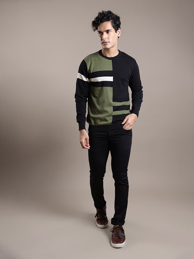 Knitted Olive Printed Regular Fit Full Sleeve Casual Pullover