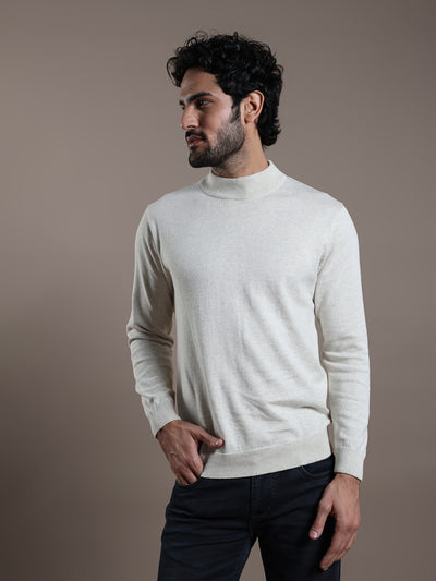 Knitted Cream Striped Regular Fit Full Sleeve Casual Pullover
