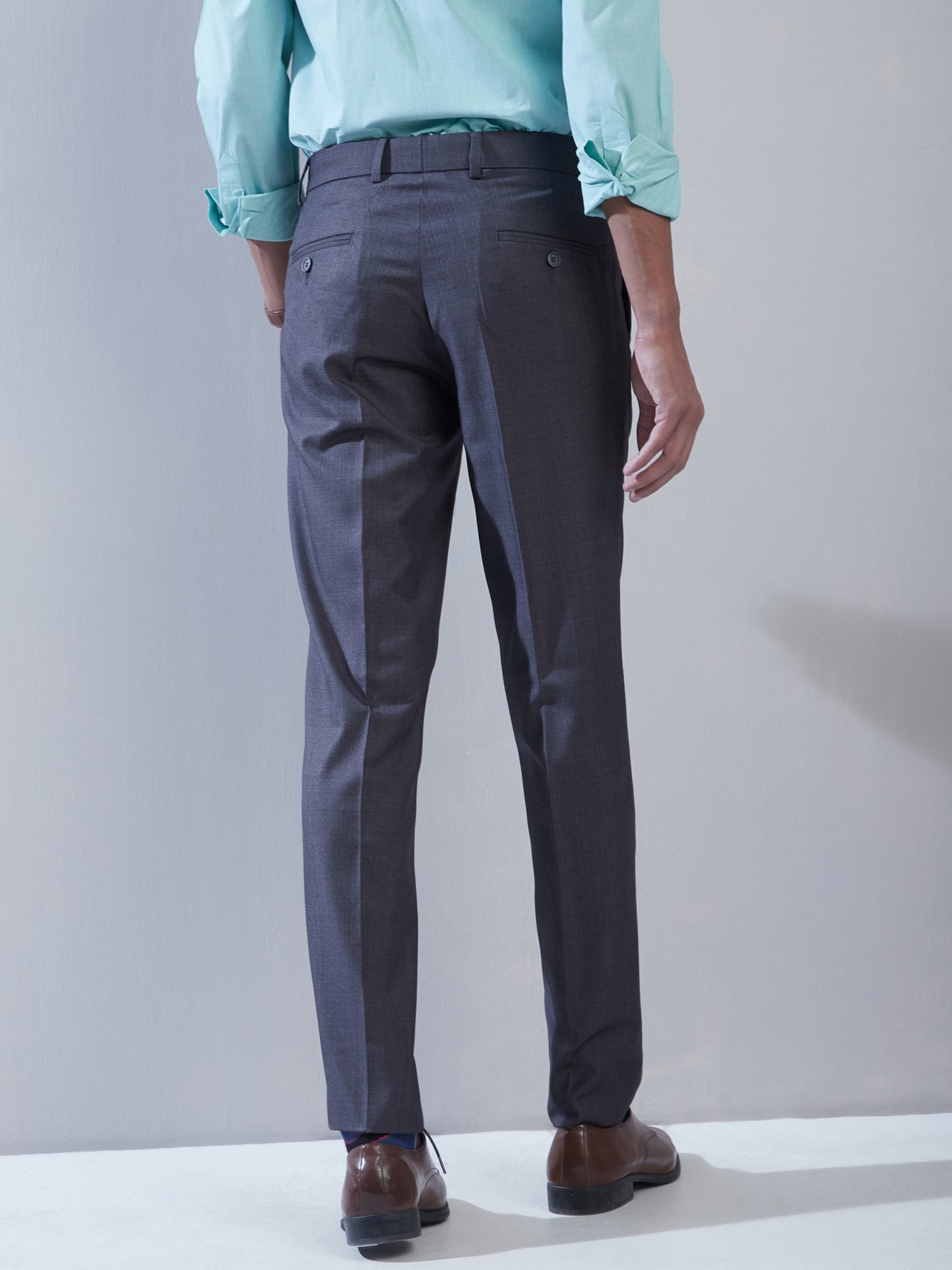 Terry Rayon Charcoal Grey Plain Slim Fit Flat Front Formal Trouser