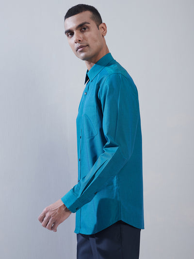100% Cotton Ocean Blue Plain Slim Fit Full Sleeve Formal Shirt
