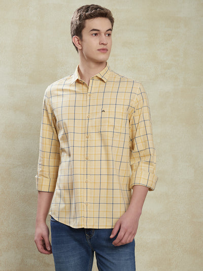 100% Cotton Yellow Checkered Slim Fit Full Sleeve Casual Shirt