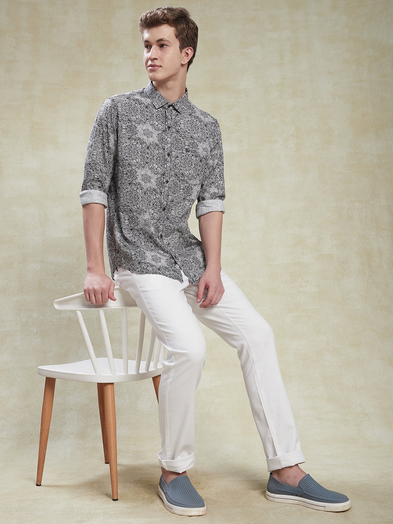 Cotton Tencel Grey Printed Slim Fit Full Sleeve Casual Shirt