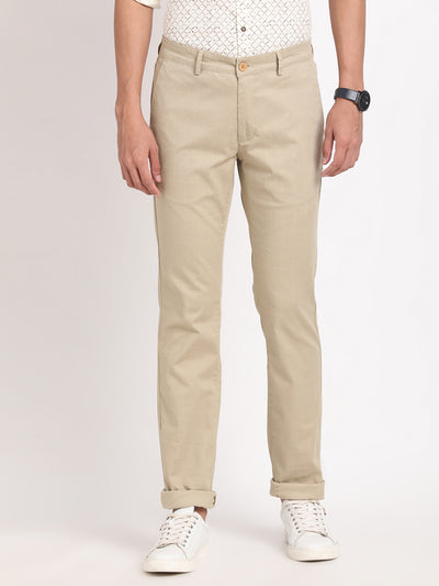 Cotton Stretch Beige Checkered Narrow Fit Flat Front Casual Trouser