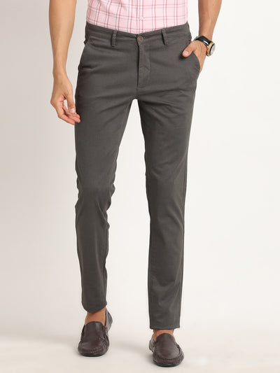 Cotton Stretch Dark Grey Dobby Narrow Fit Flat Front Casual Trouser