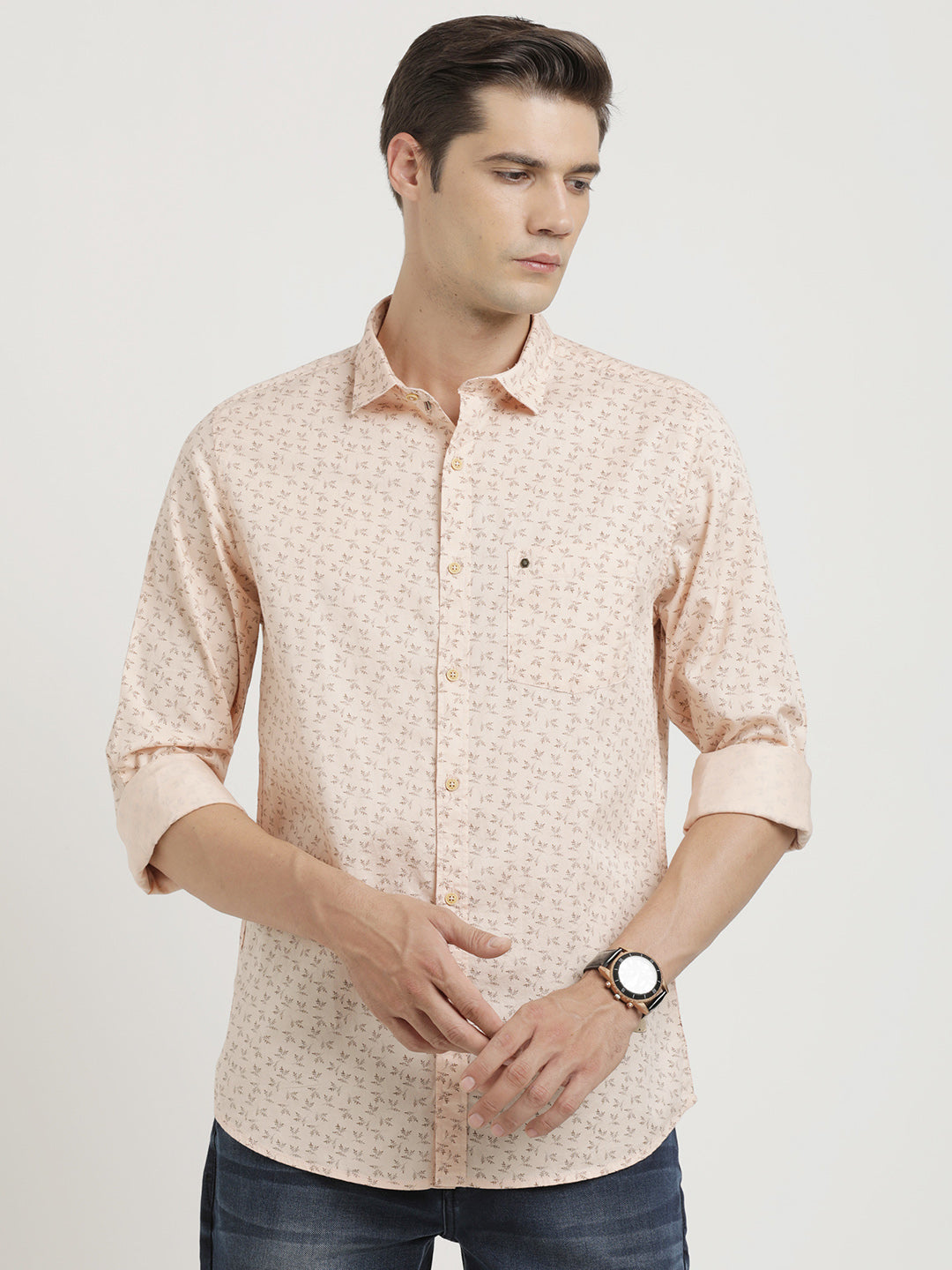 100% Cotton Light Pink Printed Slim Fit Full Sleeve Casual Shirt