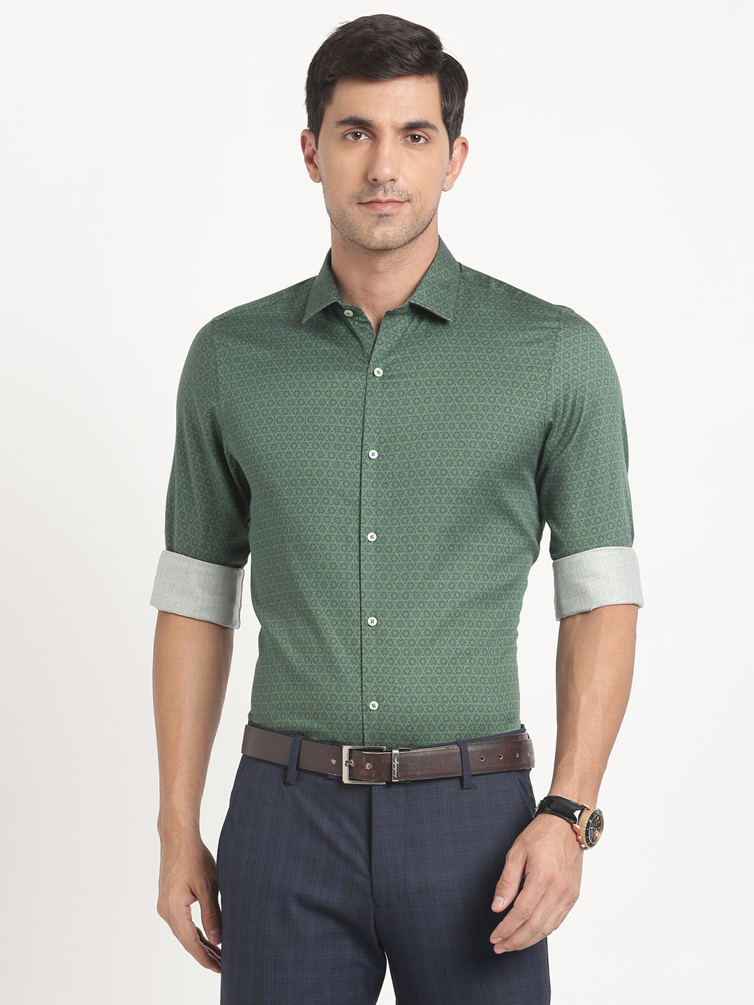 Cotton Tencel Green Printed Slim Fit Full Sleeve Ceremonial Shirt