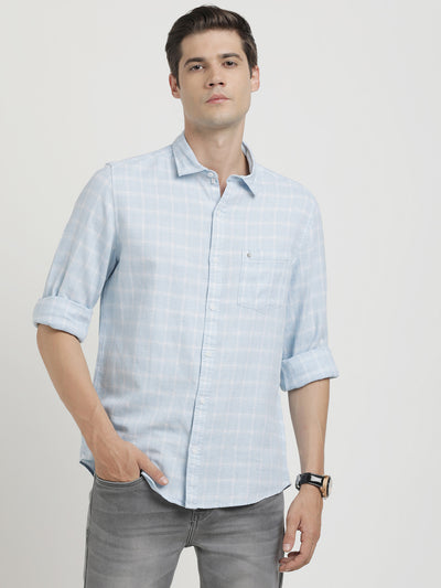 Cotton Linen Sky Blue Checkered Slim Fit Full Sleeve Casual Shirt