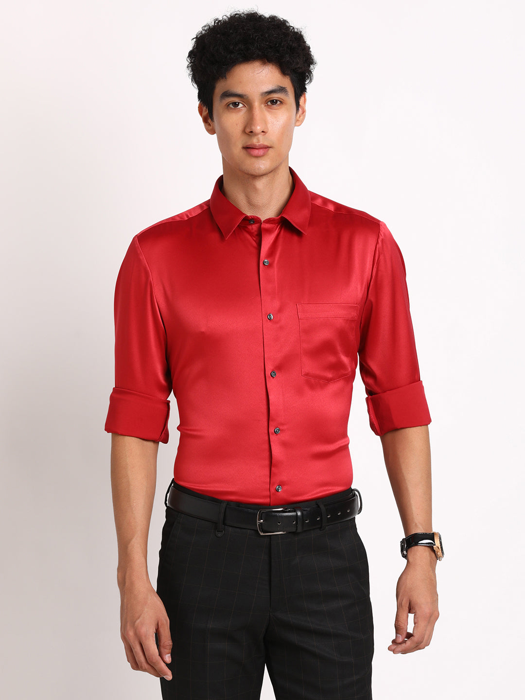 Poly Satin Red Plain Regular Fit Full Sleeve Ceremonial Shirt