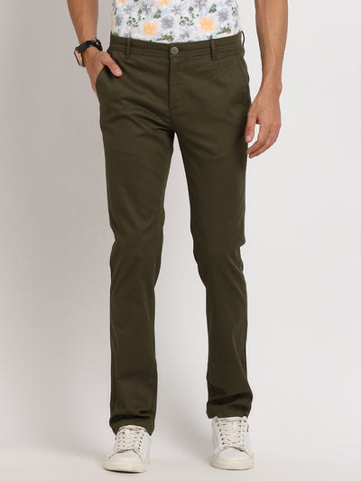 Cotton Stretch Olive Plain Ultra Slim Fit Flat Front Casual Trouser