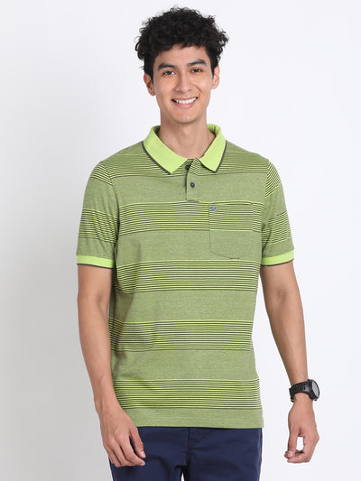 100% Cotton Green Striped Polo Neck Half Sleeve Casual T-Shirt