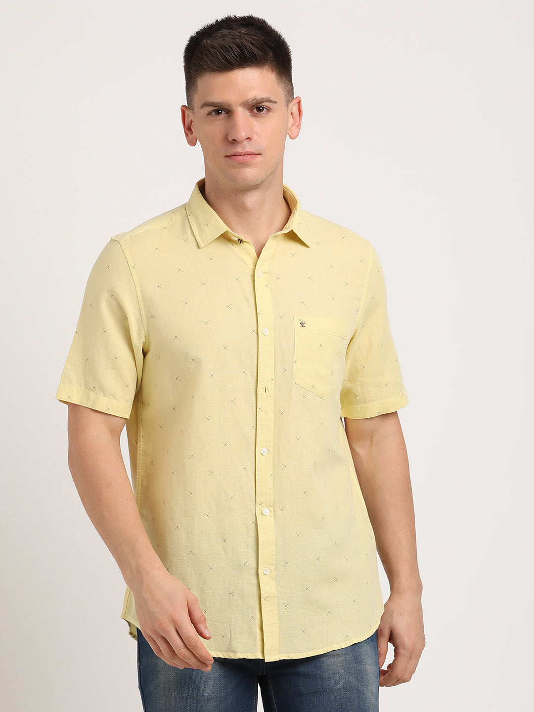 Cotton Linen Yellow Plain Slim Fit Half Sleeve Casual Shirt
