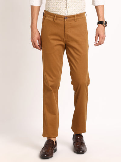 Cotton Stretch Khaki Printed Ultra Slim Fit Flat Front Casual Trouser