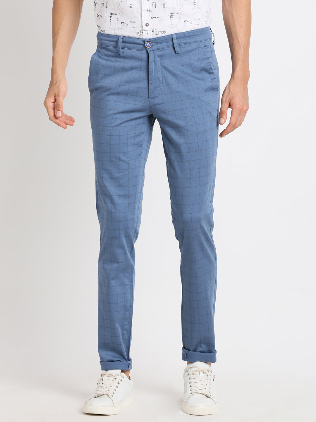 Cotton Stretch Blue Checkered Narrow Fit Flat Front Casual Trouser