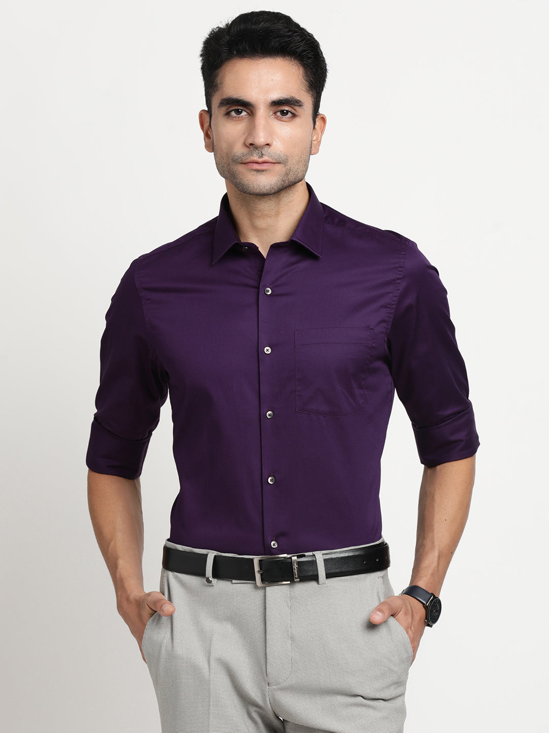 Full Sleeves Men Cotton Plain Dark Purple Shirt