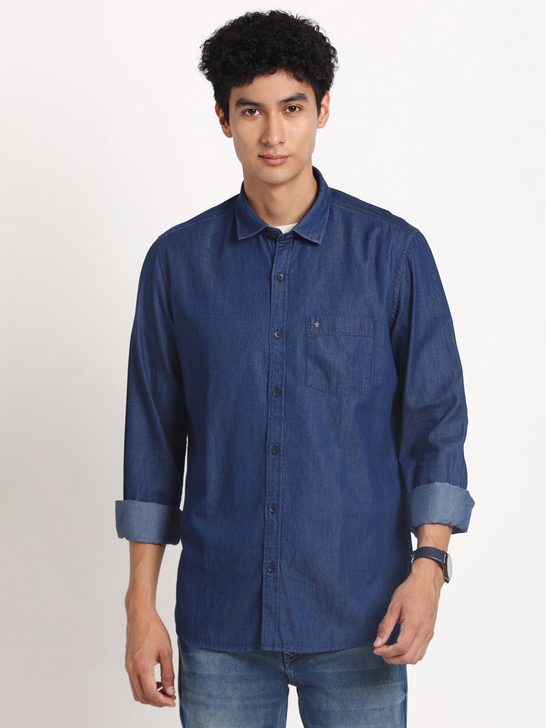 100% Cotton Indigo Navy Blue Plain Slim Fit Full Sleeve Casual Shirt
