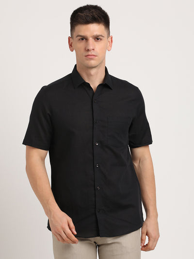 Cotton Linen Black Plain Slim Fit Half Sleeve Formal Shirt
