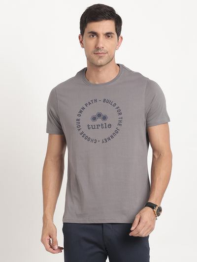 Knitted Grey Printed Crew Neck Half Sleeve Casual T-Shirt