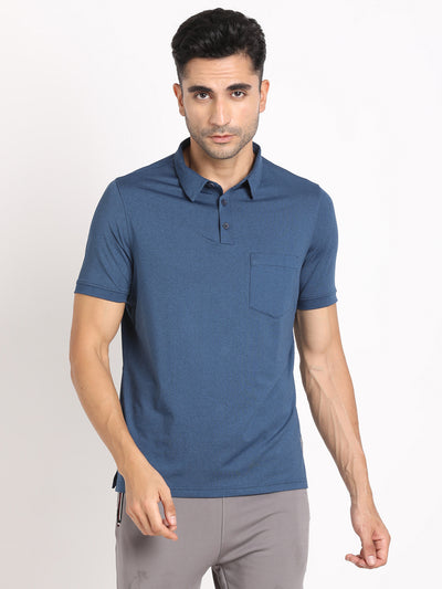 Poly Spandex Melange Blue Plain Polo Neck Half Sleeve Active Essential T-Shirt