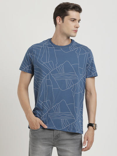 Knitted Blue Printed Crew Neck Half Sleeve Casual T-Shirt