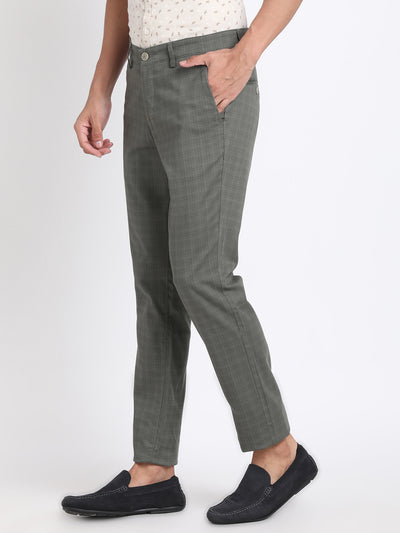Cotton Stretch Olive Checkered Narrow Fit Flat Front Casual Trouser