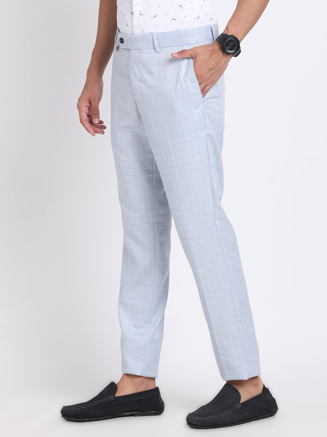 Poly Viscose Light Blue Checkered Ultra Slim Fit Flat Front Formal Trouser