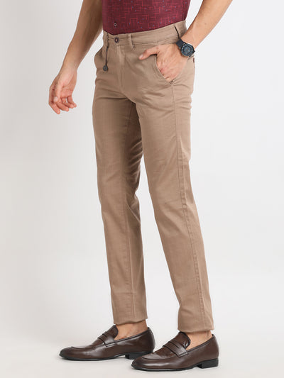 Cotton Stretch Khaki Checkered Ultra Slim Fit Flat Front Casual Trouser