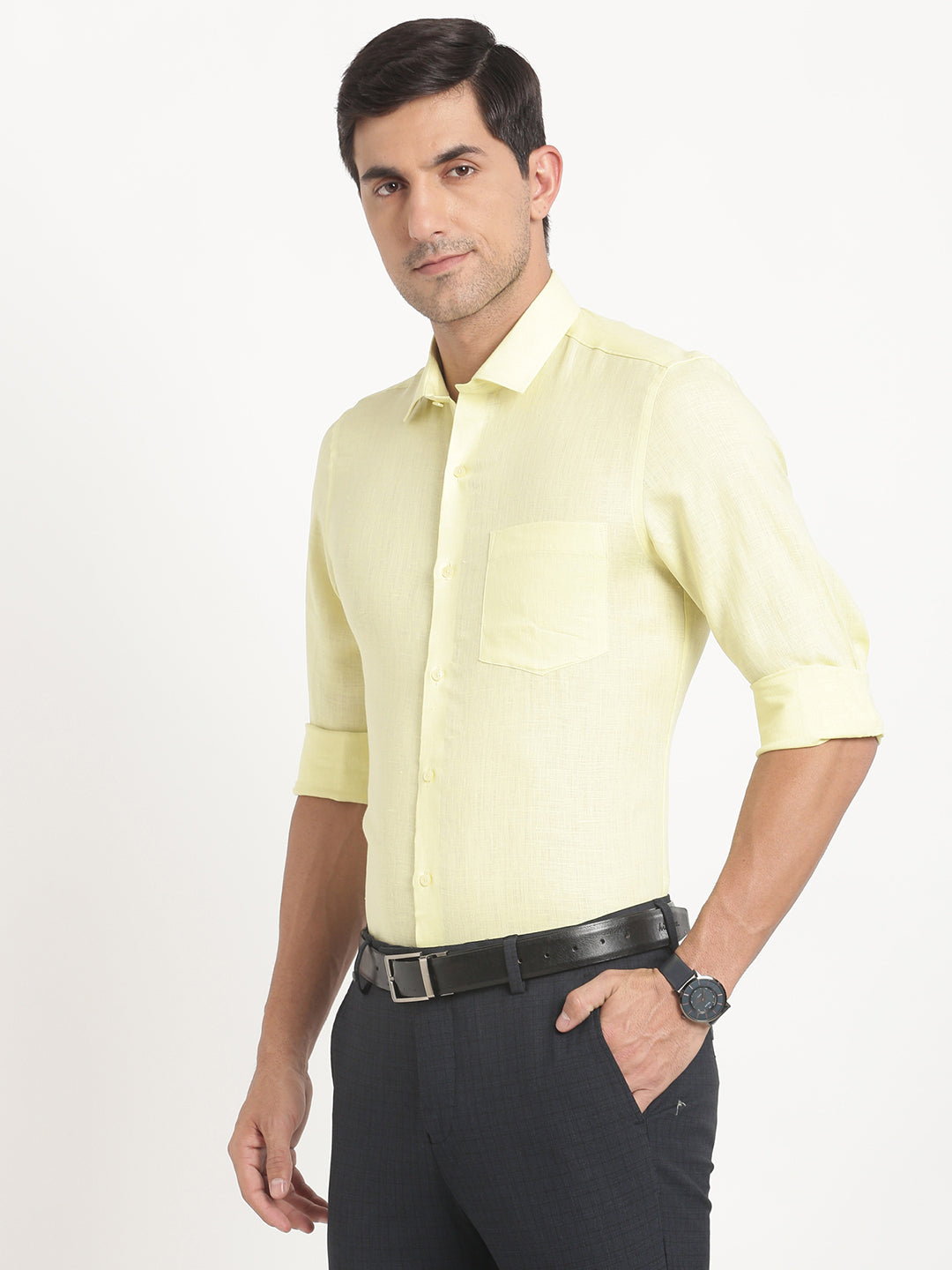 Pure Linen Lemon Plain Slim Fit Full Sleeve Formal Shirt