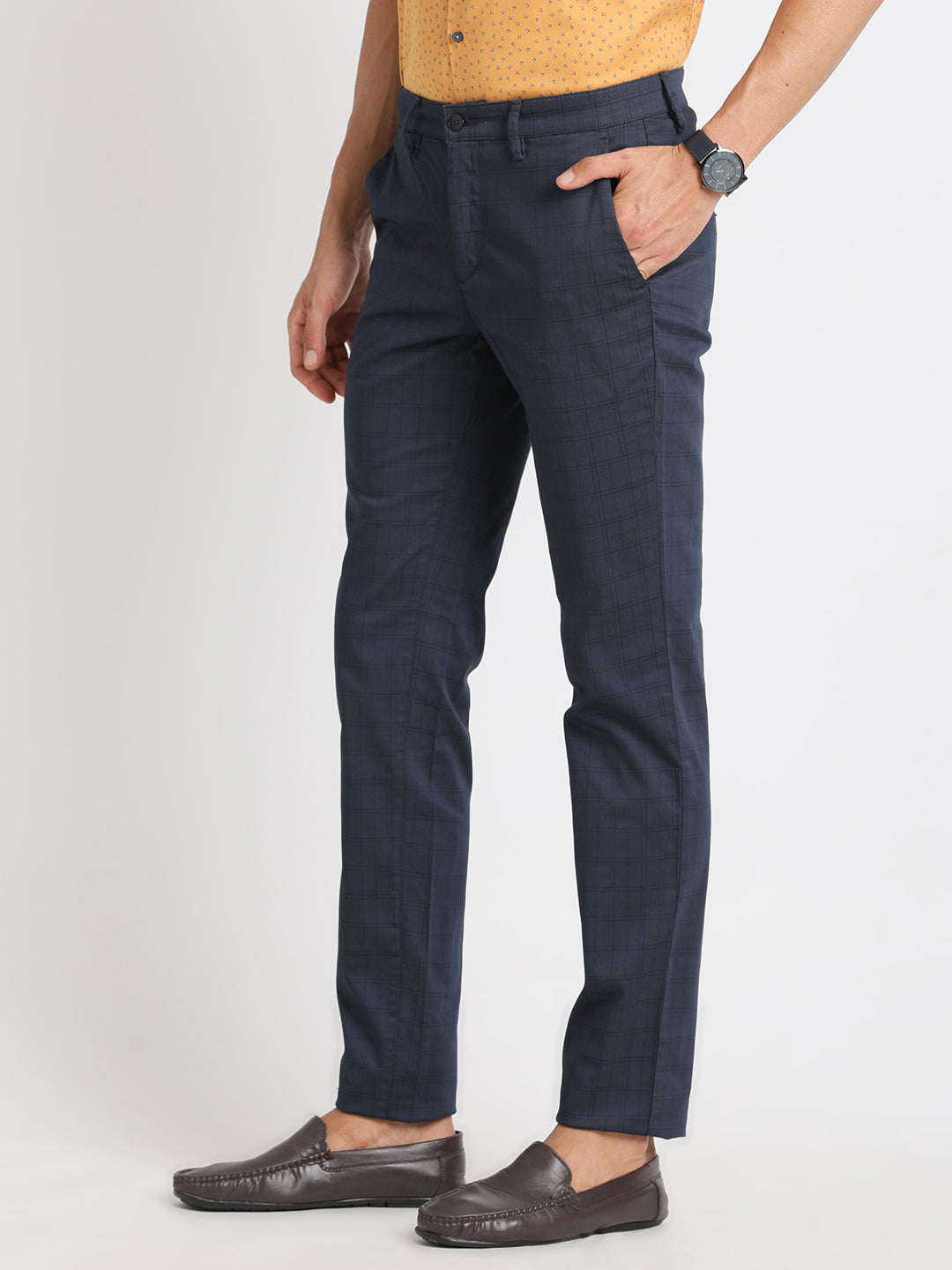 Cotton Stretch Navy Blue Checkered Ultra Slim Fit Flat Front Casual Trouser