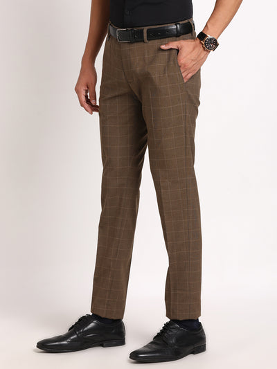 Poly Viscose Brown Checkered Ultra Slim Fit Flat Front Formal Trouser