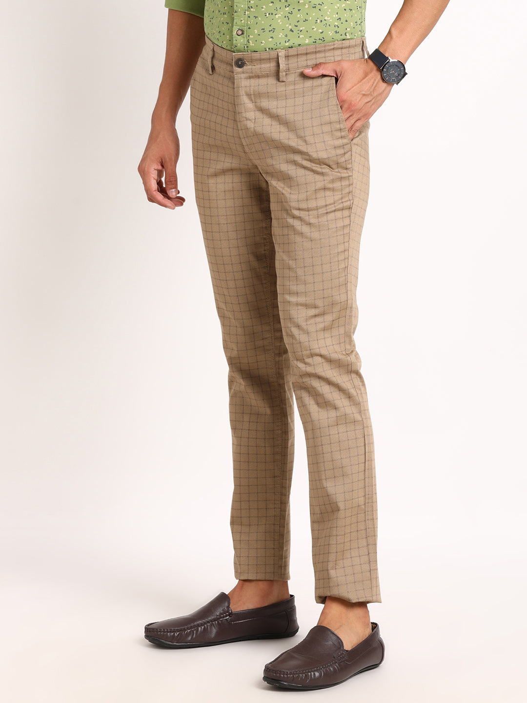 Cotton Stretch Khaki Checkered Narrow Fit Flat Front Casual Trouser