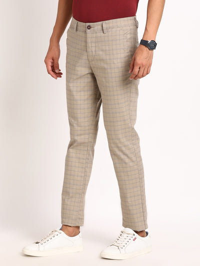 Cotton Stretch Beige Checkered Narrow Fit Flat Front Casual Trouser