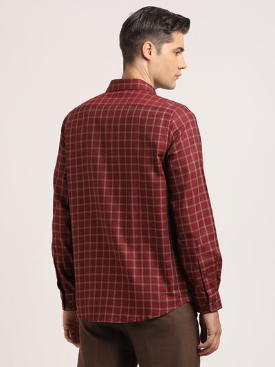 100% Cotton Red Checkered Slim Fit Full Sleeve Formal Shirt