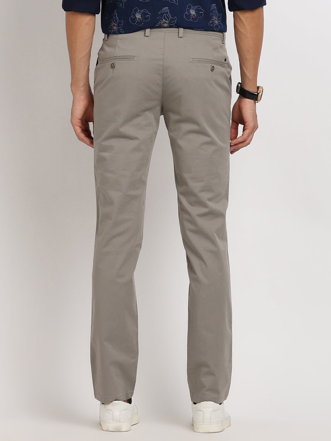 Cotton Stretch Light Grey Plain Ultra Slim Fit Flat Front Casual Trouser