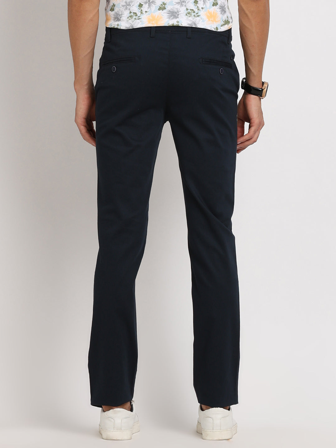 Cotton Stretch Navy Blue Plain Ultra Slim Fit Flat Front Casual Trouser