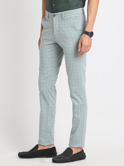 Cotton Stretch Light Blue Checkered Narrow Fit Flat Front Casual Trouser