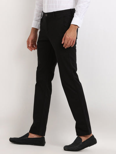 Cotton Stretch Black Plain Ultra Slim Fit Flat Front Casual Trouser