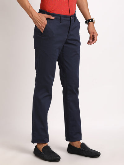 Cotton Stretch Navy Blue Printed Ultra Slim Fit Flat Front Casual Trouser