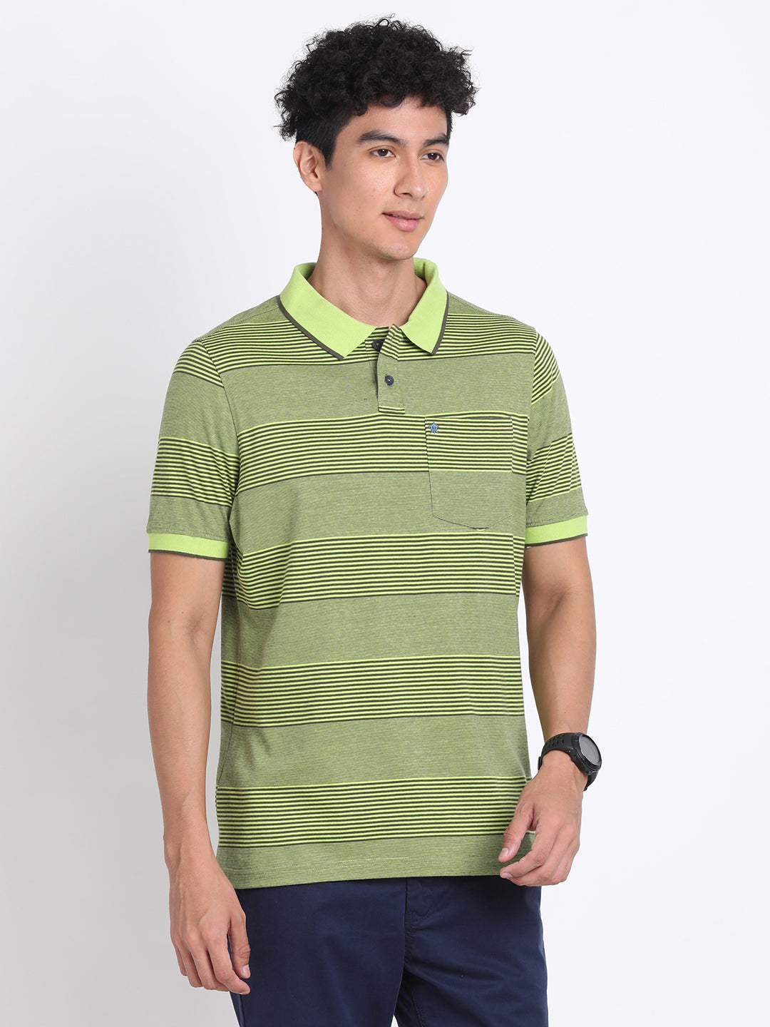100% Cotton Green Striped Polo Neck Half Sleeve Casual T-Shirt