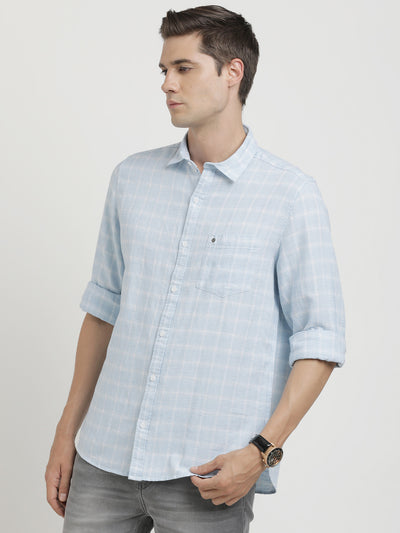 Cotton Linen Sky Blue Checkered Slim Fit Full Sleeve Casual Shirt