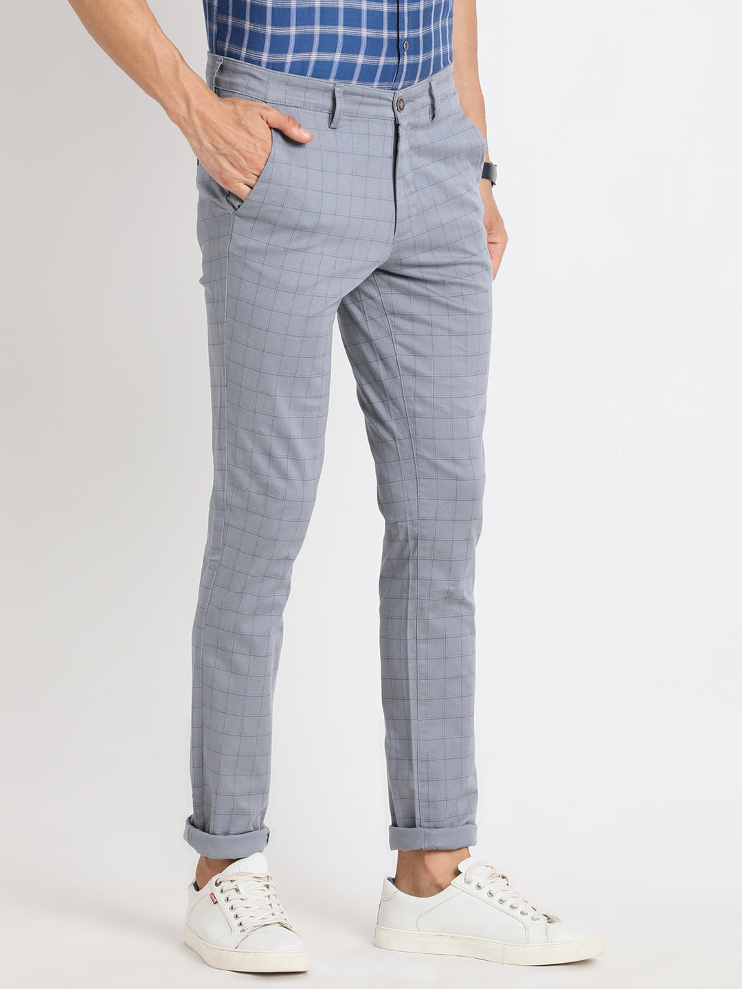 Cotton Stretch Grey Checkered Narrow Fit Flat Front Casual Trouser