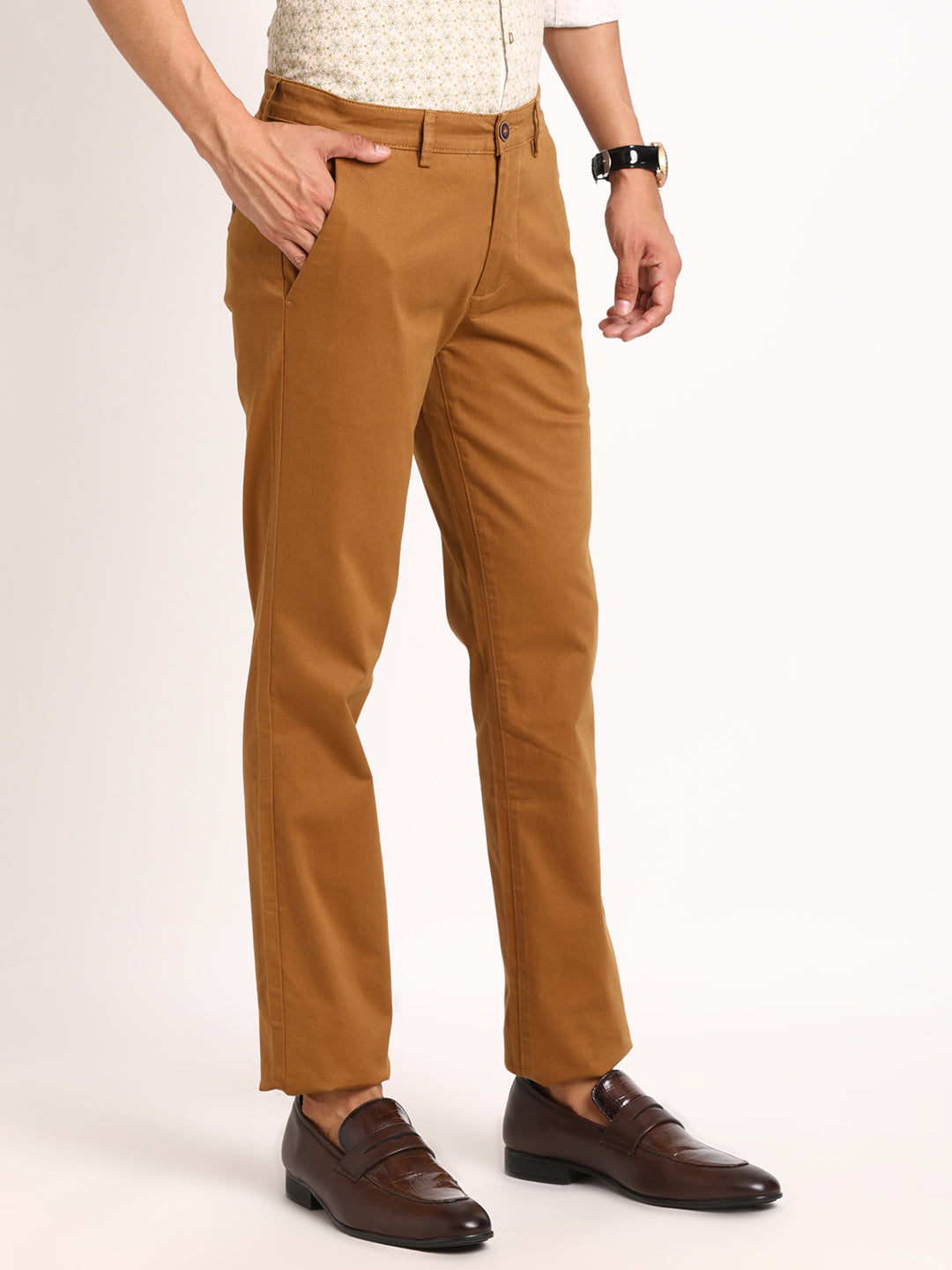 Cotton Stretch Khaki Printed Ultra Slim Fit Flat Front Casual Trouser