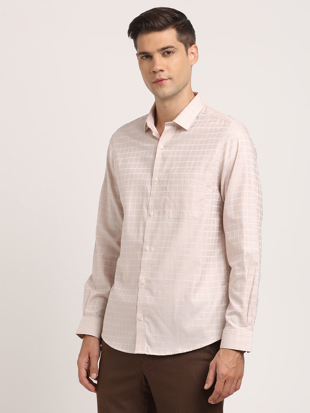 Giza Cotton Cream Checkered Slim Fit Full Sleeve Formal Shirt