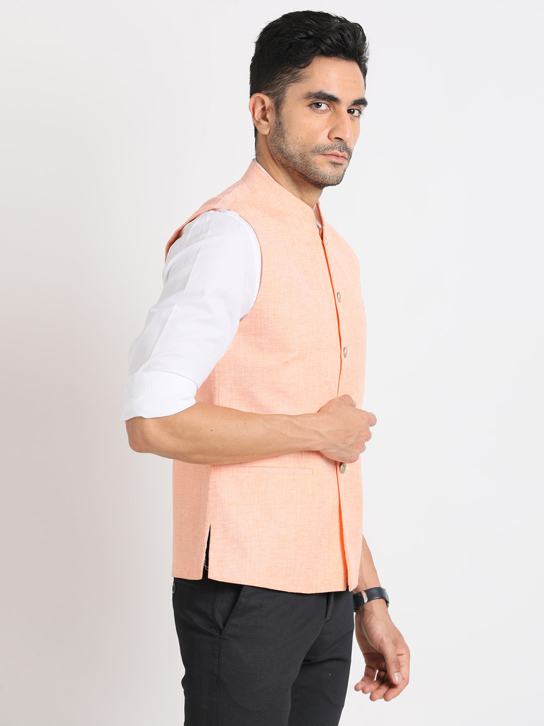 Poly Cotton Peach Plain Nehru Jacket Sleeveless Formal Nehru Jacket