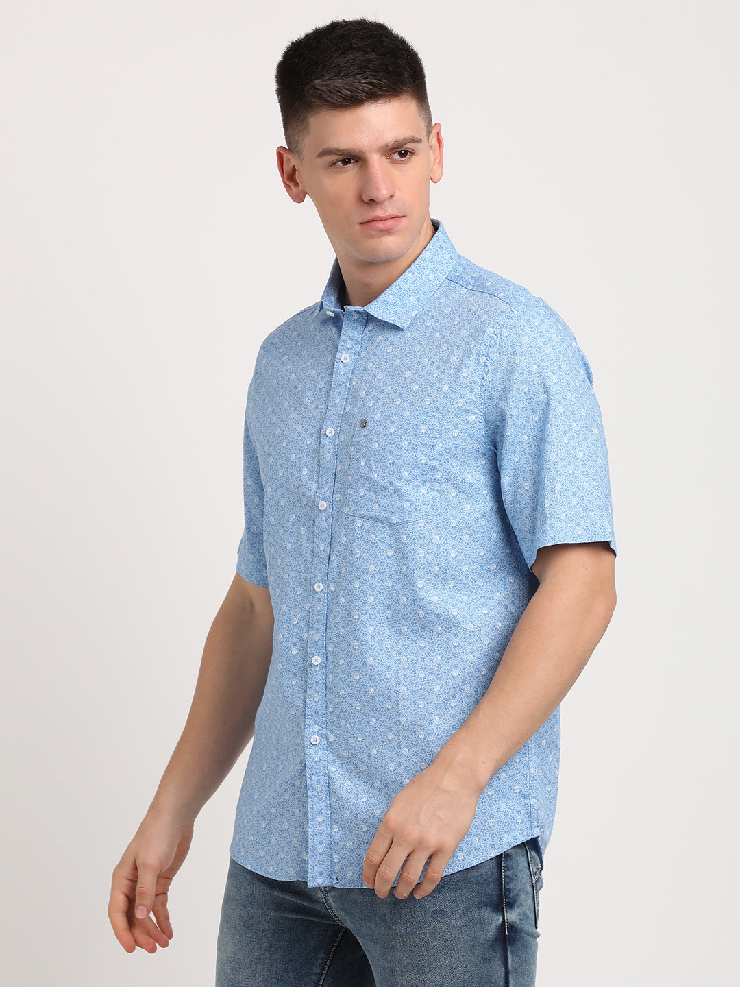 100% Cotton Sky Blue Printed Slim Fit Half Sleeve Casual Shirt
