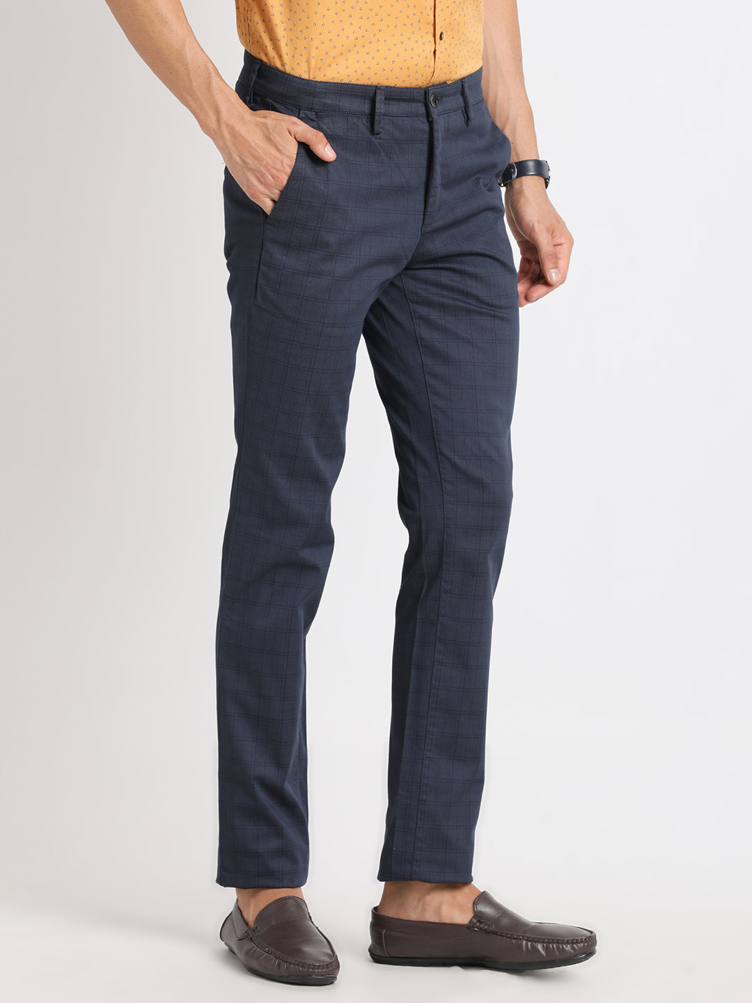 Cotton Stretch Navy Blue Checkered Ultra Slim Fit Flat Front Casual Trouser
