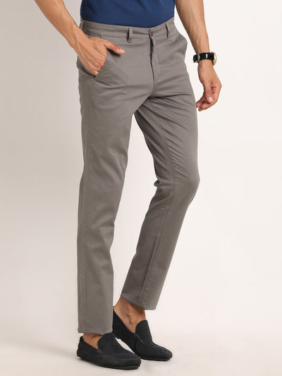 Cotton Stretch Grey Dobby Narrow Fit Flat Front Casual Trouser
