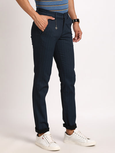 Cotton Stretch Navy Blue Striped Narrow Fit Flat Front Casual Trouser