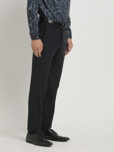 Poly Viscose Stretch Charcoal Checkered Slim Fit Flat Front Formal Trouser