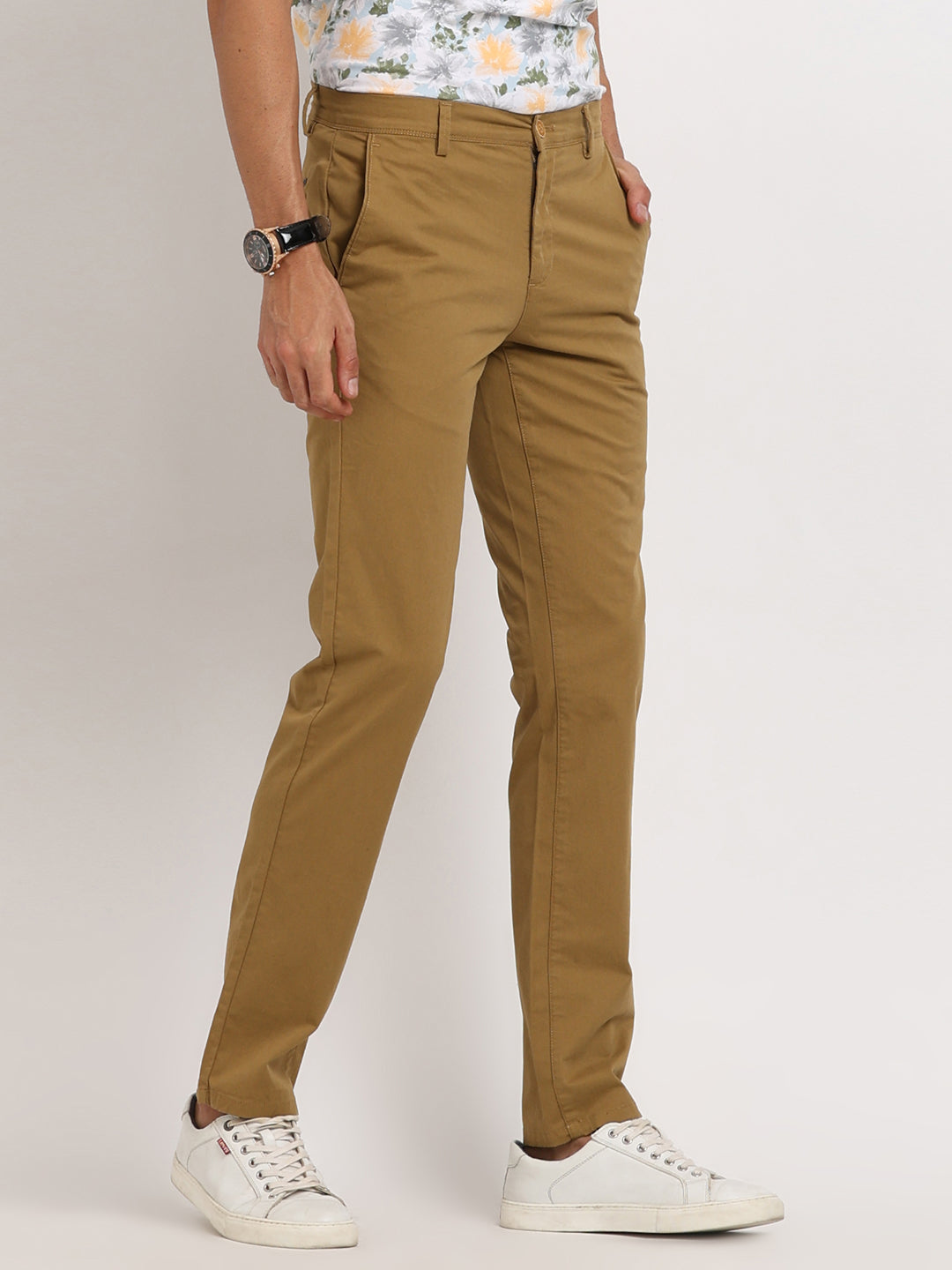 Cotton Stretch Khaki Plain Ultra Slim Fit Flat Front Casual Trouser