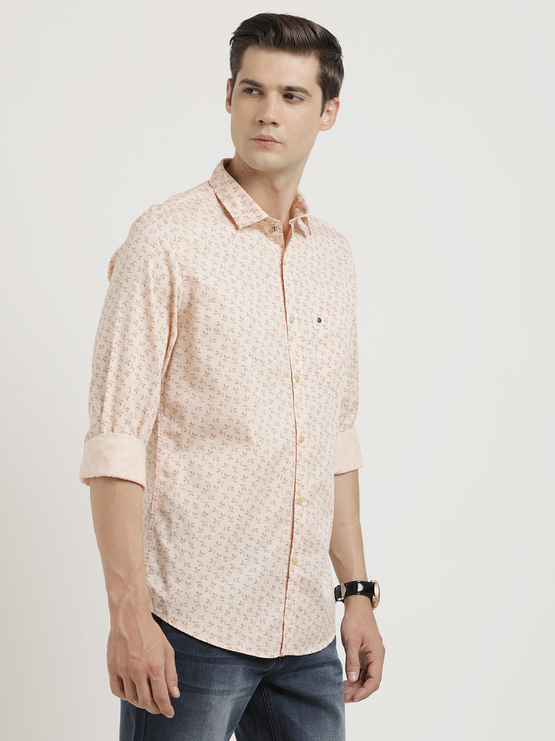 100% Cotton Light Pink Printed Slim Fit Full Sleeve Casual Shirt